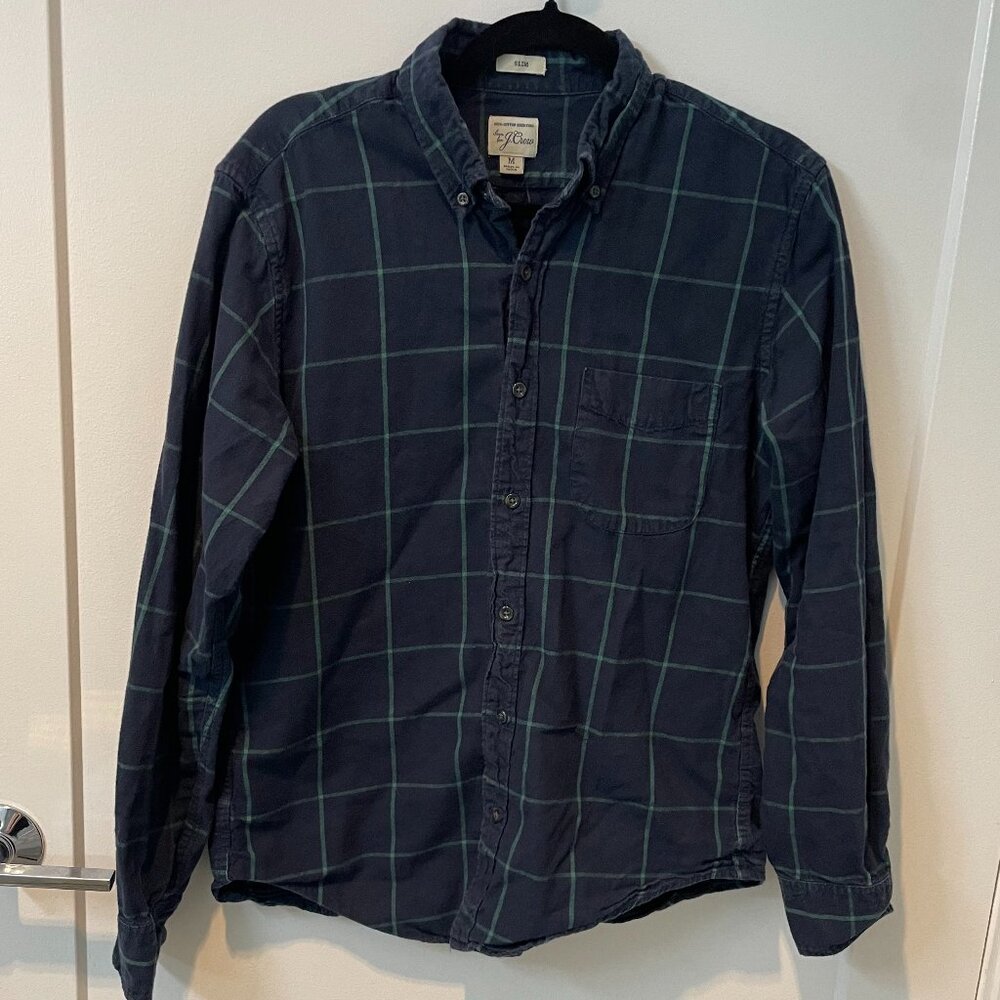 J Crew Slim Fit Button Down Shirt Navy Blue with Green - Medium